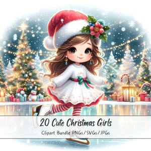Pacchetto di clipart di ragazze di Natale carine, immagini di clipart di ragazze di Natale, file di personaggi di alta qualità ad acquerello, divertenti grafiche di figure invernali festive