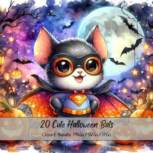 Lindo paquete de imágenes prediseñadas de murciélagos de Halloween, imágenes prediseñadas de murciélagos de acuarela, animales aterradores de alta calidad, descarga digital divertida de animales, otoño
