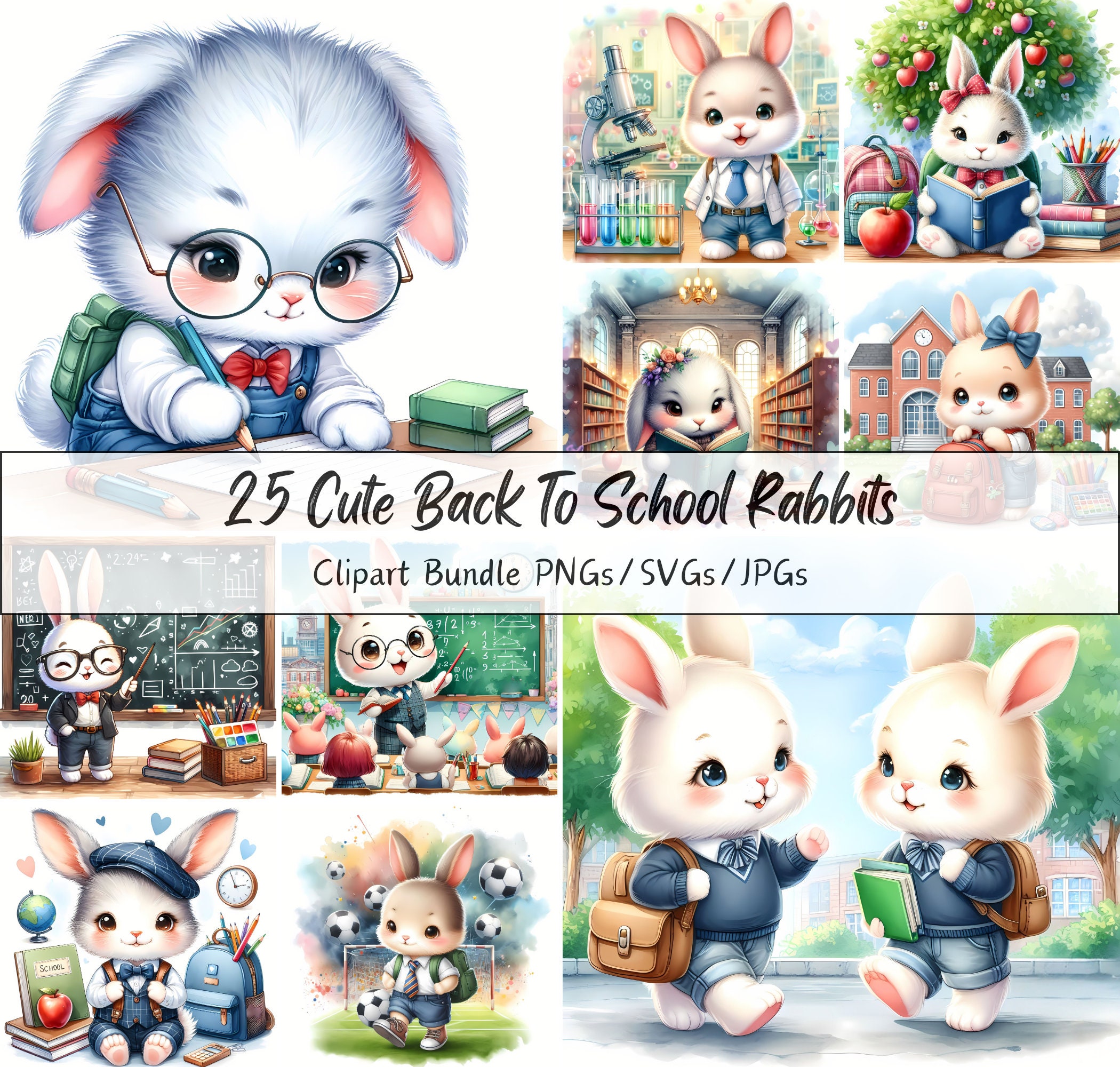 Cute Back to School Rabbits Clipart Bundle, Watercolor Rabbit Clip Art ...