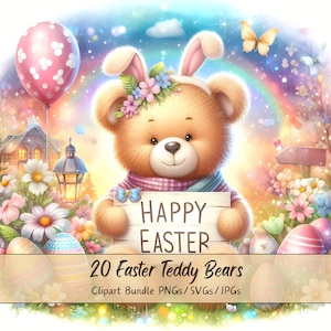 Clipart di simpatici orsetti di Pasqua, immagini divertenti di orsacchiotti ad acquerello, pacchetto di alta qualità, grafica di download digitale, 20 file di arte digitale