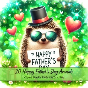 Paquete de imágenes prediseñadas de animales del Día del Padre Feliz, imágenes de imágenes prediseñadas de acuarela, archivos lindos de alta calidad, divertidos gráficos de animales digitales, descarga única
