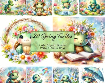 Cute Spring Turtles Clipart Bundle, Watercolor Clip Art Images, 20 High Quality PNGs/SVGs/JPGs, Digital Paper Craft, Card Making