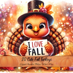 Lindo paquete de imágenes prediseñadas de pavos de otoño, imágenes prediseñadas de pavo de acuarela, archivos de animales de alta calidad, gráficos de animales digitales divertidos, archivo de otoño
