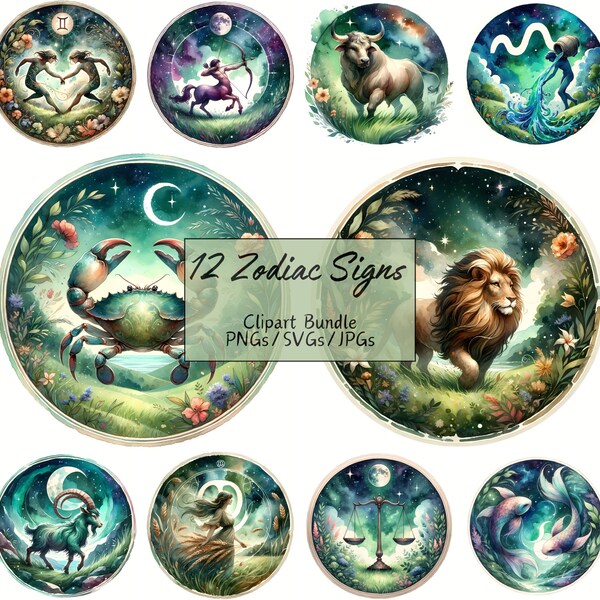 Zodiac Signs Clipart Bundle, Zodiac Symbols, Astrology, Watercolor Clip Art Images, High Quality PNGs/SVGs/JPGs, Scrapbook, Paper Crafts
