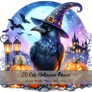 Lindo paquete de imágenes prediseñadas de cuervos de Halloween, imágenes prediseñadas de cuervos de acuarela, animales aterradores de alta calidad, descarga digital divertida de animales, otoño