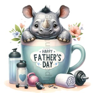 May include: A blue mug with a white handle and a white label that says "Happy Father's Day" with two blue hearts. A small gray rhinoceros is peeking over the rim of the mug. The mug is surrounded by a white towel, dumbbells, a water bottle, and a small pink weight.