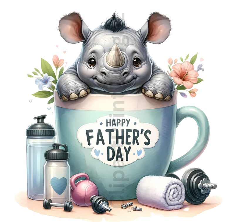 May include: A blue mug with a white handle and a white label that says "Happy Father's Day" with two blue hearts. A small gray rhinoceros is peeking over the rim of the mug. The mug is surrounded by a white towel, dumbbells, a water bottle, and a small pink weight.