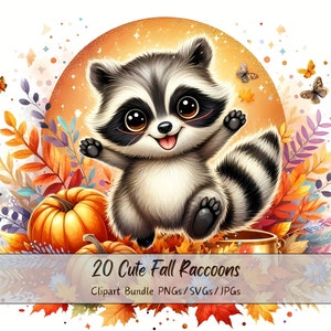 Lindo paquete de imágenes prediseñadas de mapaches de otoño, Imágenes prediseñadas de mapache de otoño de acuarela, Archivos de animales de alta calidad, Gráficos digitales de animales divertidos, Archivo
