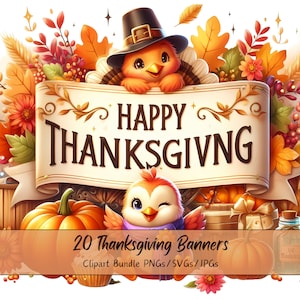 Paquete de imágenes prediseñadas de pancartas de feliz día de Acción de Gracias, imágenes prediseñadas de acuarela, archivos de otoño de alta calidad, descarga de gráficos digitales de pavo