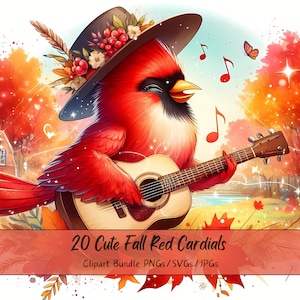 Lindo paquete de imágenes prediseñadas de cardenales rojos de otoño, imágenes de imágenes prediseñadas de cardenal de acuarela, archivos de animales de alta calidad, pájaro animal digital divertido, otoño