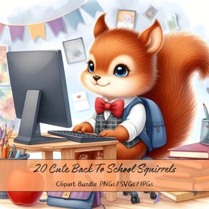 Lindo paquete de imágenes prediseñadas de ardillas de regreso a la escuela, imágenes prediseñadas de ardillas de acuarela, archivo de animales de alta calidad, animal de profesor digital
