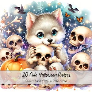 Lindo paquete de imágenes prediseñadas de lobos de Halloween, imágenes prediseñadas de lobo de acuarela, animales de alta calidad aterradores, descarga de animales digitales divertidos, otoño