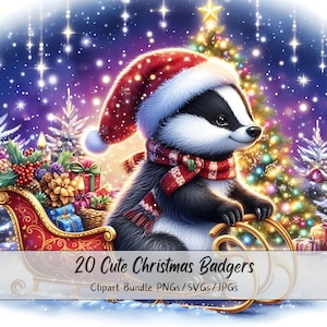 Lindo paquete de imágenes prediseñadas de tejones navideños, imágenes prediseñadas de tejones navideños, archivos de animales de acuarela de alta calidad, divertidos animales festivos de invierno