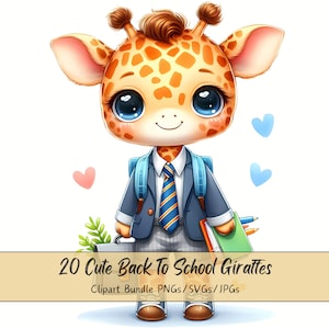 Bundle de cliparts mignon retour à l'école girafes, aquarelle girafe Clip Art Images, fichier animaux de haute qualité, enseignant numérique graphiques animaux