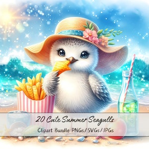 Lindo paquete de imágenes prediseñadas de gaviotas de verano, imágenes prediseñadas de gaviotas de acuarela, archivos de animales de alta calidad, gráfico de animales digitales, descarga única