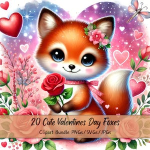 Lindo paquete de imágenes prediseñadas de zorros para el día de San Valentín, imágenes prediseñadas de zorros para el día de San Valentín, archivos de acuarela de alta calidad, divertidos gráficos de animales festivos, invierno