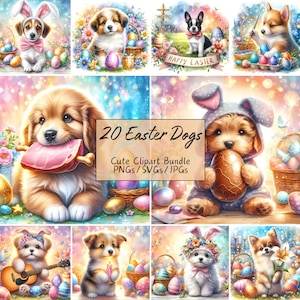 Lindo paquete de imágenes prediseñadas de perros de Pascua, imágenes prediseñadas de acuarela, 20 PNG/SVG/JPG de alta calidad, artesanía de papel digital, fabricación de tarjetas, razas de perros