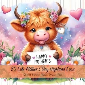 Süßes Muttertags-Hochlandkühe-Clipart-Bundle, Aquarell-ClipArt-Bilder, hochwertige Dateien, digitaler Mutter-Kuh-Download, glückliches Tier