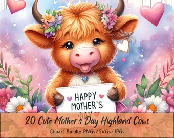 Cute Mother's Day Highland Cows Clipart Bundle, Watercolor Clip Art Images, High Quality Files, Digital Mothers Cow Download, Happy Animal