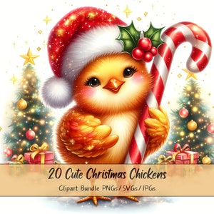 Lindo paquete de imágenes prediseñadas de pollo navideño, imágenes prediseñadas de pollito navideño, archivos de animales de acuarela de alta calidad, gráficos de animales divertidos, invierno s