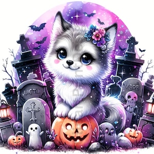 Cute Halloween Wolves Clipart Bundle, Watercolor Wolf Clip Art Images ...