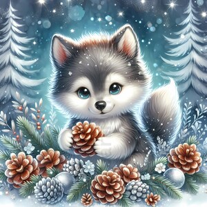 May include: A charming illustration of a fluffy, gray and white husky puppy with bright blue eyes, holding two pine cones. The puppy is surrounded by pine needles, pine cones, and silver ornaments, with a snowy winter background.