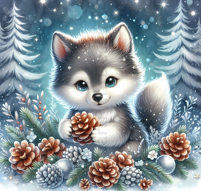 May include: A charming illustration of a fluffy, gray and white husky puppy with bright blue eyes, holding two pine cones. The puppy is surrounded by pine needles, pine cones, and silver ornaments, with a snowy winter background.