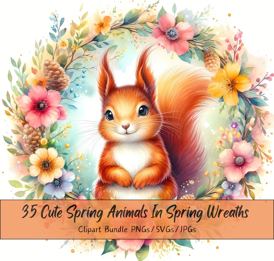 Cute Spring Animals in Spring Wreaths Clipart Bundle, Watercolor Clip ...