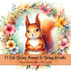 Lindos animales de primavera en paquete de imágenes prediseñadas de coronas de primavera, imágenes de imágenes prediseñadas de acuarela, alta calidad, gráficos de animales digitales, descarga de coronas
