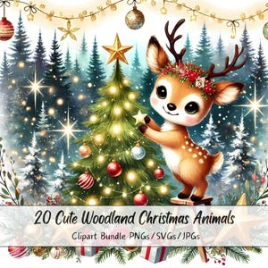 Lindo paquete de imágenes prediseñadas de animales navideños del bosque, escena navideña del bosque, imágenes prediseñadas de criaturas, animales de invierno con gráficos de acuarela, ardillas zorro