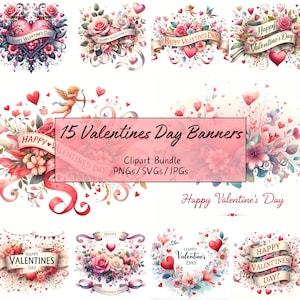 Paquete de imágenes prediseñadas del Día de San Valentín feliz, imágenes prediseñadas de acuarela, 15 PNG/SVG/JPG de alta calidad, elaboración de papel digital, uso comercial