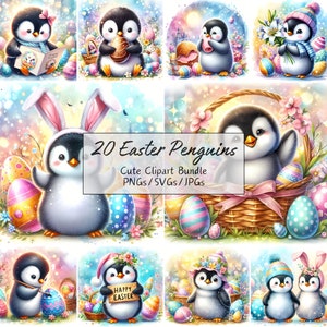 Clipart di simpatici pinguini di Pasqua, immagini di animali divertenti dell'acquerello, pacchetto di alta qualità, grafica di download digitale, 20 file di arte digitale, scuola materna