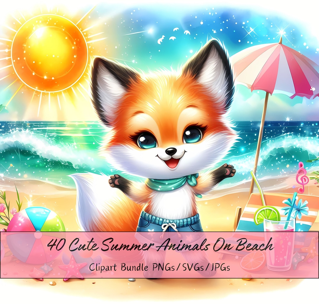 Cute Summer Animals on Beach Clipart Bundle, Watercolor Summer Clip Art