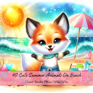Lindos animales de verano en el paquete de imágenes prediseñadas de la playa, imágenes de imágenes prediseñadas de verano de acuarela, archivos únicos de alta calidad, descarga de gráficos de animales digitales