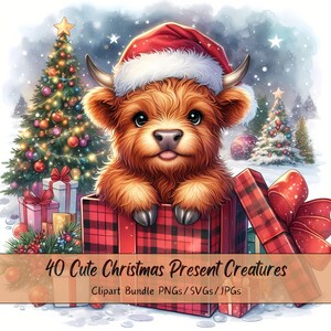 Lindo paquete de imágenes prediseñadas de criaturas de regalo de Navidad, imágenes prediseñadas de Navidad, archivos de criaturas de animales de acuarela, figuras gráficas de invierno