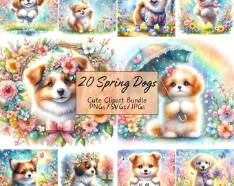 Cute Spring Dog Clipart Bundle, Watercolor Clip Art Images, 20 High Quality PNGs/SVGs/JPGs, Digital Paper Craft, Card Making, Sublimation