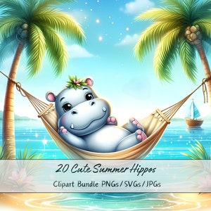 Bundle de cliparts hippopotame d'été mignon, aquarelle hippopotame Clip Art Images, fichiers animaux de haute qualité, téléchargement numérique, graphiques animaliers