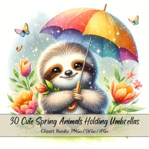 Lindos animales de primavera sosteniendo paraguas Clipart Bundle, imágenes prediseñadas de acuarela, alta calidad, gráficos de animales digitales, descarga única