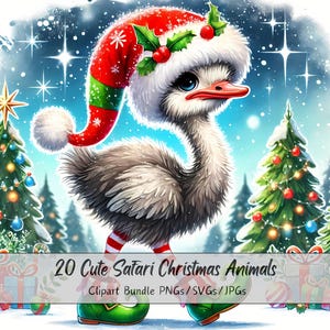 Lindo paquete de imágenes prediseñadas de animales navideños de safari, escena navideña de África, imágenes prediseñadas de criaturas, animales de invierno con gráficos de acuarela, s