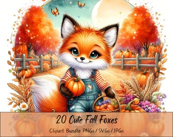 Cute Fall Foxes Clipart Bundle, Watercolor Autumn Fox Clip Art Images, High Quality Animals Files, Fun Digital Animal Graphics, Autumn