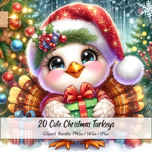Lindo paquete de imágenes prediseñadas de pavos navideños, imágenes prediseñadas de pavos navideños, archivos de animales de acuarela de alta calidad, divertidos animales festivos de invierno, s n