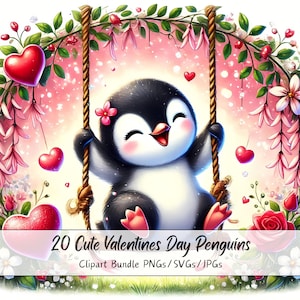 Lindo paquete de imágenes prediseñadas de pingüinos del Día de San Valentín, imágenes prediseñadas de pingüinos de San Valentín, archivo de acuarela de alta calidad, divertidos gráficos de animales festivos