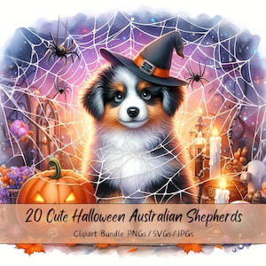 Lindo paquete de imágenes prediseñadas de pastores australianos de Halloween, imágenes prediseñadas de pastor de acuarela, animales de alta calidad aterradores, perros de animales digitales