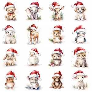 May include: Watercolor illustrations of various animals wearing Santa hats. The animals include a bear, elephant, dog, polar bear, goat, squirrel, penguin, rabbit, chick, hedgehog, cat, monkey, and lamb.