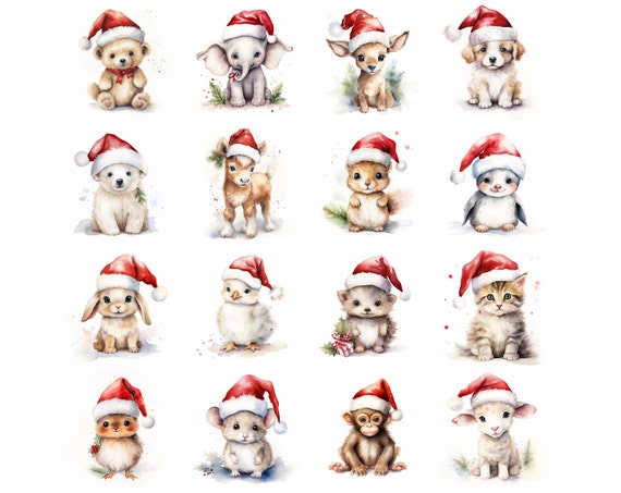 Cute Baby Christmas Animals, 20 Watercolor Nursery Animals, Winter Clipart Bundle, High Quality, 300 Dpi PNGs/JPGs/SVGs, Commercial Use, Dog