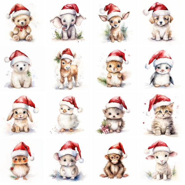 Cute Baby Christmas Animals, 20 Watercolor Nursery Animals, Winter Clipart Bundle, High Quality, 300 Dpi PNGs/JPGs/SVGs, Commercial Use, Dog