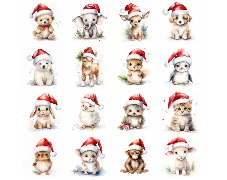 May include: Watercolor illustrations of various animals wearing Santa hats. The animals include a bear, elephant, dog, polar bear, goat, squirrel, penguin, rabbit, chick, hedgehog, cat, monkey, and lamb.
