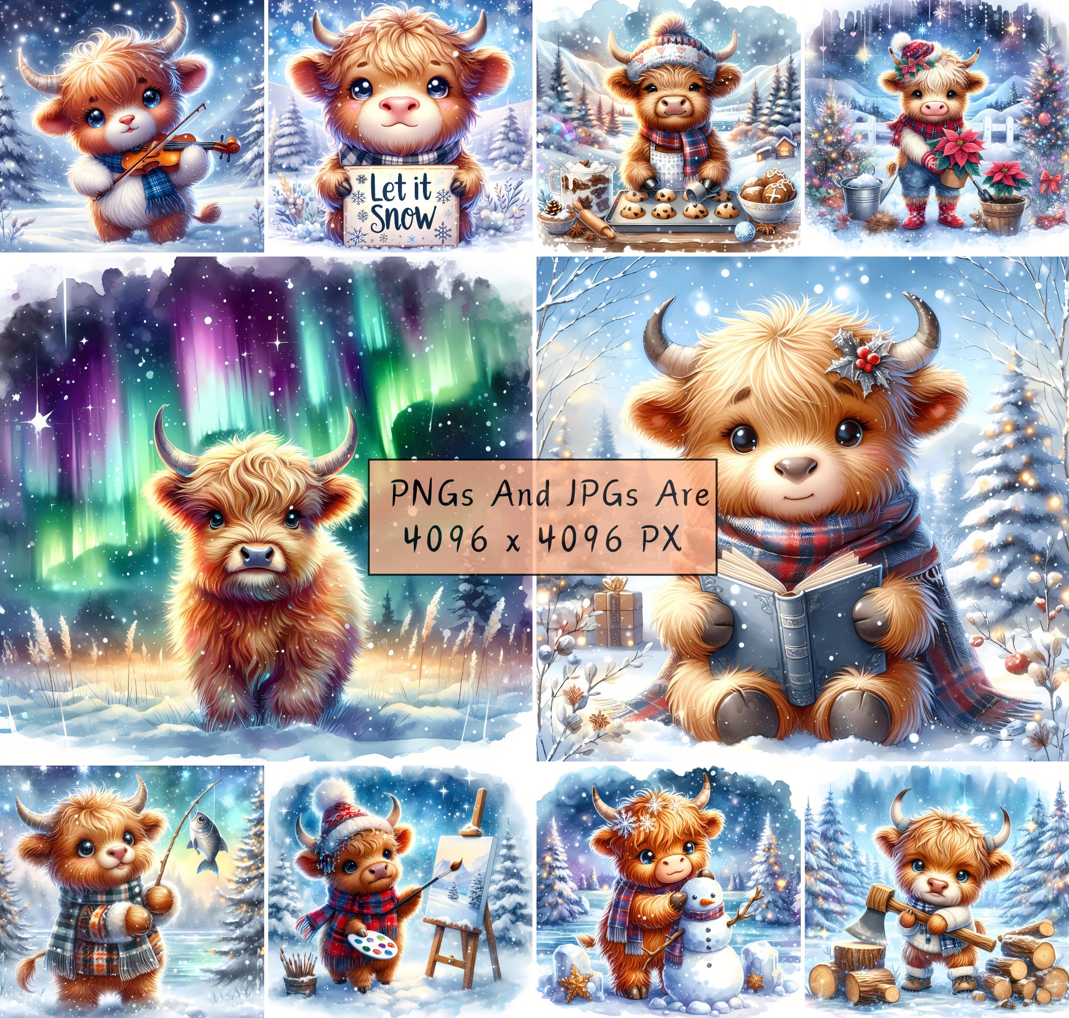 Cute Winter Baby Highland Cow Clipart Bundle, Festive Watercolor Clip ...