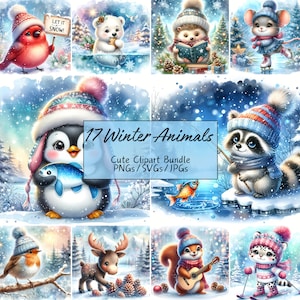 Lindo paquete de imágenes prediseñadas de animales de invierno en acuarela, imágenes de animales bebés, 17 PNG/SVG/JPG de alta calidad, manualidades con papel digital, uso comercial