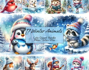 Cute Watercolor Winter Animals Clipart Bundle, Baby Animal Images, 17 High Quality PNGs/SVGs/JPGs, Digital Paper Crafting, Commercial Use